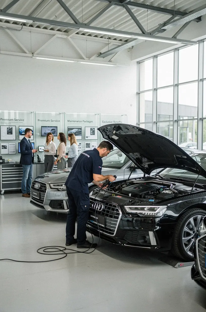 Elegantes Empfangsbereich eines deutschen Servicezentrums für hochwertige europäische Automarken mit klarer Kundeninformation.